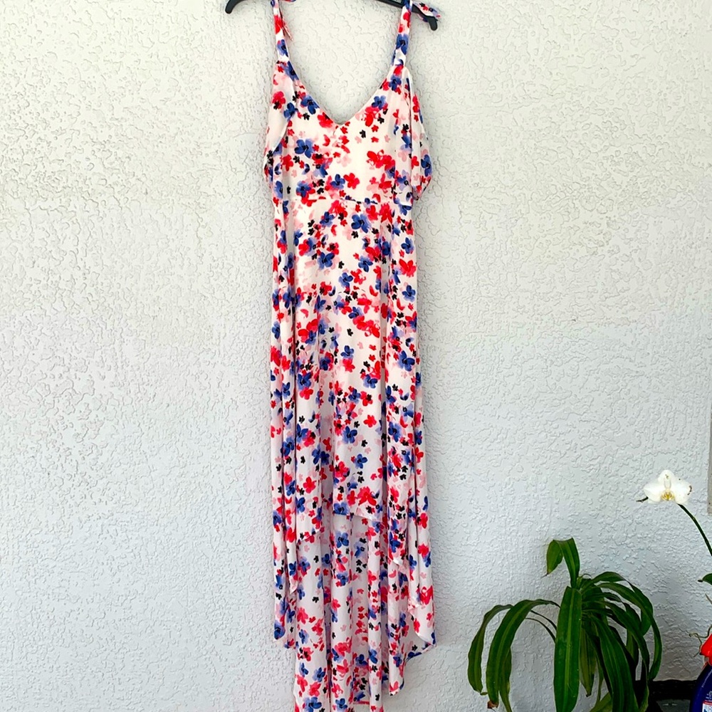 EXPRESS floral off shoulder cut with low-high hem dress size 8